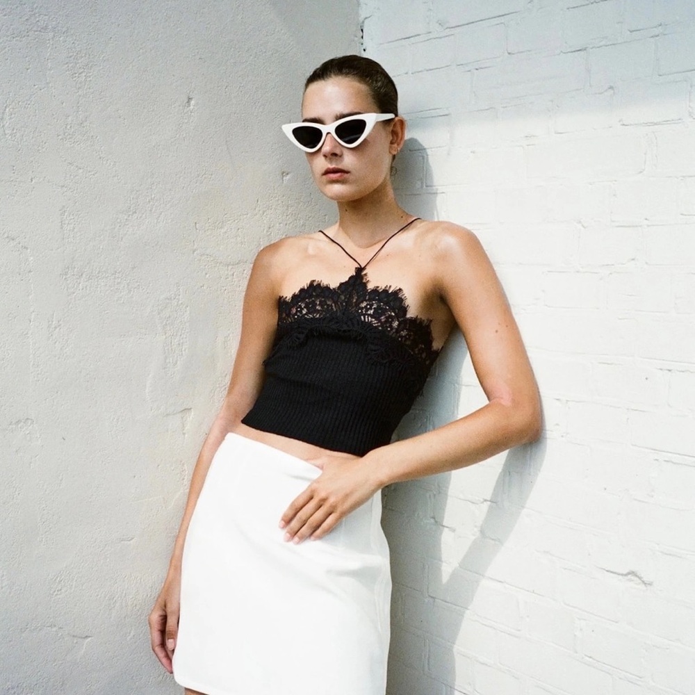 Zara Black Lace Crop Top and White Skirt